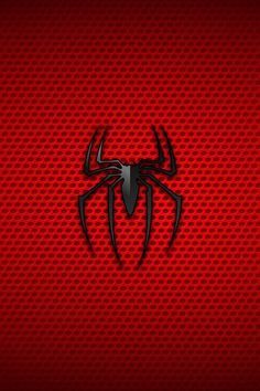 the spiderman logo on a red wallpaper with black and white dots in the background