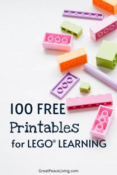 legos are scattered around the words, 100 free printables for lego learning