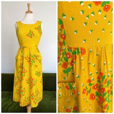 A beautiful, vibrant 1970s Summer dress from 'Malia Hononulu'.  It is made in good quality cotton with a bit of weight to it and has two nicely sized front patch pockets. Around a UK 6 but please check measurements. My mannequin is a 36-26-36 and this is not pinned to fit, it is too small for her so I was unable to close the zip. Please remember the measurements are of the garment so leave a little wiggle room!  Bust: 32" both armpit to armpit and across bust points Body length: 15" Skirt length 1970s Style Yellow Spring Dress, Orange Cotton Dress With Pockets, Retro Yellow Cotton Dress, Yellow Cotton Retro Vintage Dress, Mid-century Yellow Dresses For Spring, Mid-century Yellow Spring Dresses, Mid-century Cotton Summer Dress, Yellow Cotton Dress, 1970s Summer