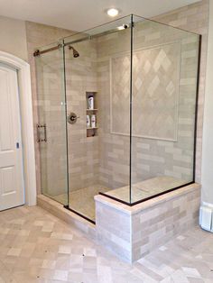 a walk in shower sitting inside of a bathroom