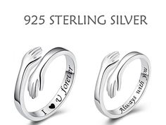 925 Sterling Silver Personalized Couple Hug Rings - Engrave your Initials Hands Shape Adjustable Custom Matching Rings  Your custom ring will be handcrafted with love by skilled artisans. Material: 925 Sterling Silver Size: Female-Adjustable (5.5-9 US) ; Male-Adjustable (7-12 US) The ring is designed to seem like a pair of arms wrapped around your finger. A hug may instantly improve one's mood while also giving peace and calmness to the mind and body. Hugs are a powerful expression of love, friendship, and trust.  FREE SHIPPING TO: US 7-15 days UK 7-12 days AU 6-15 days NZ 7-15 days CA 15-25 days EXPRESS DELIVERY OF 3-7 DAYS IS AVAILABLE AT THE CHECKOUT   ❤️ PLEASE FEEL FREE TO CONTACT US IF YOU HAVE ANY QUESTIONS. WE ARE HERE TO MAKE YOUR ORDER AS SMOOTH AS POSSIBLE ❤️ Meaningful Silver Rings For Valentine's Day, Couples' Sterling Silver Gift Rings, Couples Sterling Silver Rings For Gift, Couples' Sterling Silver Rings As Gifts, Couples' Sterling Silver Rings For Gifts, Silver Couple Promise Rings For Mother's Day, Silver Couple Rings For Mother's Day Gift, Mother's Day Gift Silver Couple Rings, Sterling Silver Ring For Anniversary, Mother's Day Gift