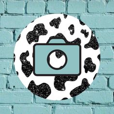 a blue and white brick wall with a black and white pattern on it that has an image of a camera in the center