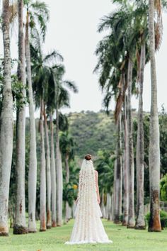 a bride standing in the middle of palm trees