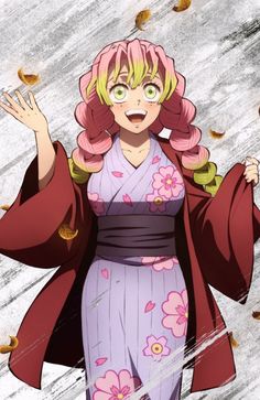 a woman with pink hair and green eyes wearing a kimono in front of falling leaves