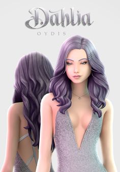 an animated image of two women with purple hair and one is wearing a gray dress