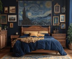 a bed room with a neatly made bed and paintings on the wall