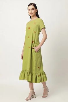 Shop for Musal Green Cotton Linen Litzy Heart Embroidered Midi Dress for Women Online at Aza Fashions Green Embroidered Knee-length Summer Dress, Green Midi Embroidered Dress, Green Embroidered Knee-length Dress, Green A-line Midi Dress With Ruffle Hem, Cotton Knee-length Dress With Embroidered Hem, Knee-length Cotton Dress With Embroidered Hem, Green A-line Dress With Ruffle Hem, Green Cotton Midi Dress With Ruffles, Green Spring Dress With Embroidered Hem