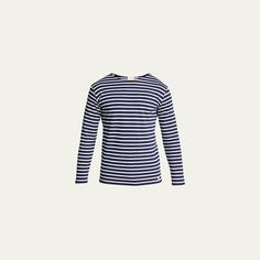 Armor Lux striped jersey T-shirt Crew neckline Long sleeves Pullover style Cotton Imported Navy Crew Neck Top With Contrast Stripes, Navy Horizontal Stripe Crew Neck Top, Blue Crew Neck Tops With Horizontal Stripes, Long Sleeve Cotton T-shirt With Horizontal Stripes, Blue Horizontal Stripe Crew Neck Tops, Navy Cotton Tops With Three Stripes, Navy Cotton Top With Three Stripes, Navy Long Sleeve Tops With Contrast Stripes, Jersey Tshirt