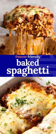 baked spaghetti in a casserole dish is being lifted with a spatula to eat