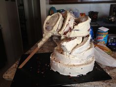 a large cake sitting on top of a counter