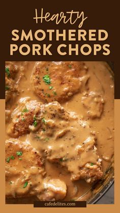 hearty smothered pork chops with gravy in a skillet