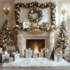 a fireplace decorated with christmas decorations and presents