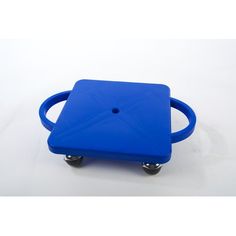 a blue object with wheels on a white background