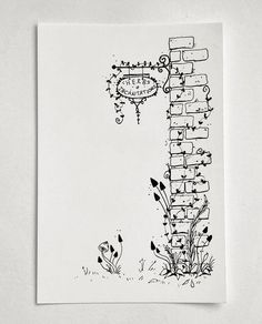 a black and white drawing of a brick wall with flowers growing on the side, next to a clock