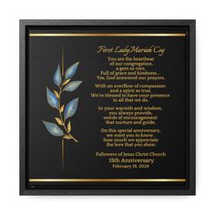 the first lady's memorial plaque with gold lettering and blue leaves on black background