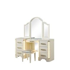 an image of a white vanity with mirror and stool