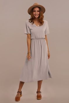 Short Sleeve V Neck Gathered Elastic Waist Rayon Maxi Dress Easter Outfit Women Church, Sunday Outfit Church Casual, Lds Dresses, Fashion Analysis, Modest Dresses For Church, Modest Summer Dress, Easter Dress For Women Church, Sahm Outfits, Easter Dresses For Women