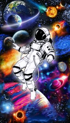 an astronaut floating in the space surrounded by planets and other colorful objects, including stars