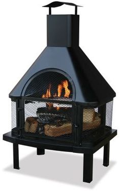 an outdoor fireplace with logs and flames on it's sides, in front of a white background