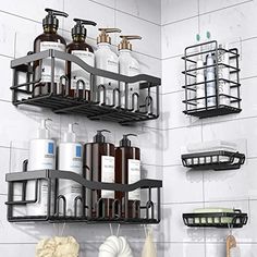 two shelves with soap, lotion and other bathroom items