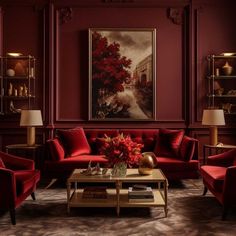 a living room filled with red couches and chairs next to a painting on the wall