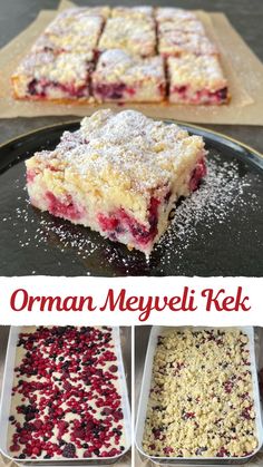 four different desserts are shown with the words, orman meyeli kek