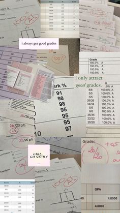 many papers are stacked on top of each other with numbers and times listed in them