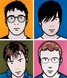 four different colored portraits of men with glasses and hair, one is looking at the camera