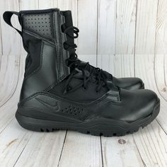 Nike AO7507-001 Mens Black Leather  SFB Special Field 2 8" Tactical Boots Size: EU43/UK8.5/US9.5          EU44/UK9/US10          EU44.5/UK9.5/US10.5          EU45/UK10/US11          EU45.5/UK10.5/US11.5 Color: Black Style: Tactical Boots Condition: New without a box. These boots may have some marks or tiny dirt and the bottom may have some tiny dirt on them due t Nike Sfb, Tactical Life, Tactical Boots, Mens Black Leather, Dark Wear, Future Fashion, Work Boots, Winter Boot, Sneaker Boots