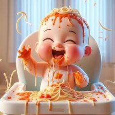 a baby is eating spaghetti from a high chair with orange sauce pouring out of it