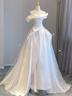 White Satin Tulle Off the Shoulder Pleats Wedding Dress White Off The Shoulder Wedding Dress, White Cotillion Dresses, White Ballgown Dress, Wedding Venues Church, Off The Shoulder Wedding Dress, Winter Wedding Venues, Tulle Wedding Dresses, Shoulder Wedding Dress, Tulle Sleeves