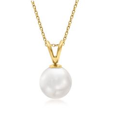 Ross-Simons - 7-8mm Cultured Akoya Pearl Pendant Necklace in 14kt Yellow Gold. 18". Showcasing unmatched elegance, this stunning 7-8mm cultured Aokya pearl pendant necklace is something you'll cherish for a lifetime. Crafted in 14kt yellow gold. Suspends from a cable chain. Lobster clasp, white pearl pendant necklace. Pearl birthstones are the perfect gift for June birthdays. Classic 14k Gold Pearl Necklace, Classic 14k Gold Pearl Necklace For Anniversary, Classic Pearl Necklace With Round Pendant For Anniversary, Classic Jewelry With High Luster Round Pendant, Classic Round Pendant Jewelry With High Luster, Classic High Luster Round Pendant Jewelry, Classic Round 14k Gold Pearl Necklace, Formal Solitaire Pearl Pendant Necklace, Classic Necklaces With Round Pendant And Bail