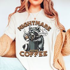 Funny Coffee Shirt for Coffee Lover Gift Shirt Vintage Raccoon Meme Shirt Coffee Halloween Shirt Grunge Aesthetic Oversized Caffeine Shirt Coffee Crew Neck Top With Funny Print, Casual Coffee T-shirt With Screen Print, Casual Coffee T-shirt With Slogan, Coffee Colored T-shirt With Funny Print And Relaxed Fit, Coffee Halloween, Cheap Coffee T-shirt With Funny Print, Raccoon Meme, Funny Coffee Shirts