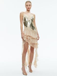 Nelia Sequined High Low Ruffled Maxi Dress In Pale Gold | Alice And Olivia Alice And Olivia, Pale Gold, Ruffled Maxi Dress, Alice Olivia, High & Low, High Low, Maxi Dress, Dresses, Gold