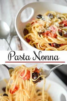 two pictures of pasta with tomatoes and olives