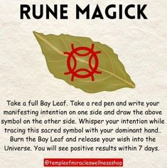 a leaf with the words rune magick written on it and an image of a circle