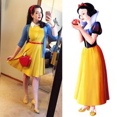 a woman in a yellow dress and snow white holding an apple is looking at her cell phone