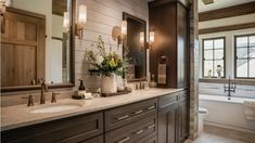 a bathroom with two sinks and a bathtub