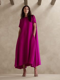 Pink Maxi Dress With Sleeves, Rounded Wardrobe, Travel Mood, Goddess Vibes, Singapore Fashion, Magenta Dress, Modest Style, Guest Attire, Work Dresses