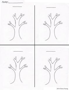 four pictures with the same tree drawn on them