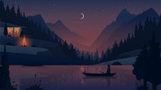 a boat floating on top of a lake under a night sky filled with stars and moon