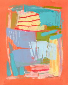 an abstract painting with orange, blue and green colors