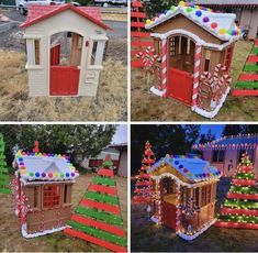 four pictures of different houses decorated with christmas lights and candy canes on the roof