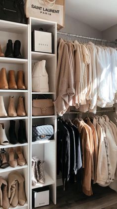 a closet filled with lots of clothes and shoes