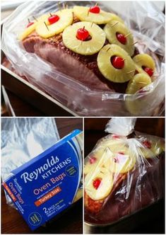 there are pictures of food wrapped in plastic and ready to be eaten, including bananas, pineapples, and cherries