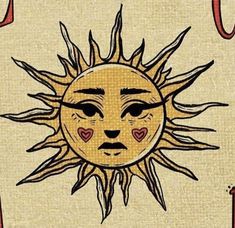 the sun has hearts on it's face and is drawn in black ink with red eyes