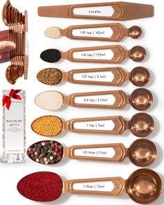 PRICES MAY VARY. CLASSIC STYLE MEETS MODERN FUNCTIONALITY – Experience the perfect blend of durability and elegance with our charming copper measuring spoons set with a uniquely classic design. Crafted from high-quality stainless steel, these sturdy copper magnetic measuring spoons resist corrosion, making this set not only long-lasting but also an elegant addition to your stylish copper kitchen accessories and decor. EFFORTLESSLY ORGANIZE AND ELEVATE YOUR KITCHEN – Our copper metal measuring sp Copper Hardware Kitchen, Copper Knife Set, Copper Cooking Utensils, Copper Spoon, Copper Kitchen Accessories, Copper Kitchen Utensils, Copper Kitchen Decor, Copper Accessories, Copper Hardware