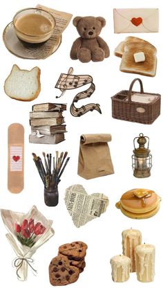 there are many different items that can be found in this photo, including bread and cookies