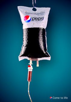 a pepsi bag hanging from a hook on a blue background