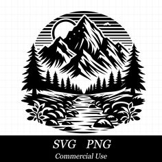 the logo for svg png commercial use with mountains and trees in the background